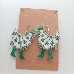 Fashion Jewelry White Chicken Shamrock Earrings with Green Hats and Boots